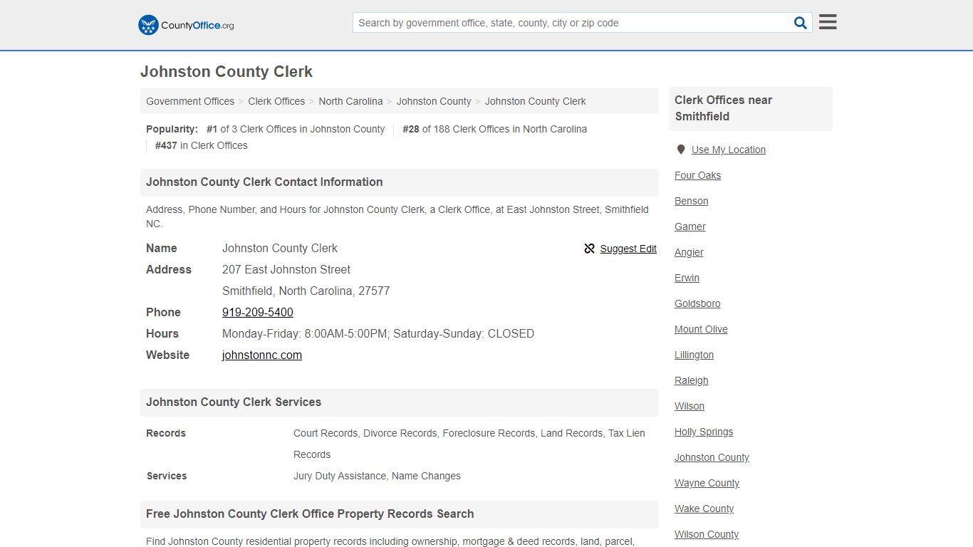 Johnston County Clerk - Smithfield, NC (Address, Phone ...